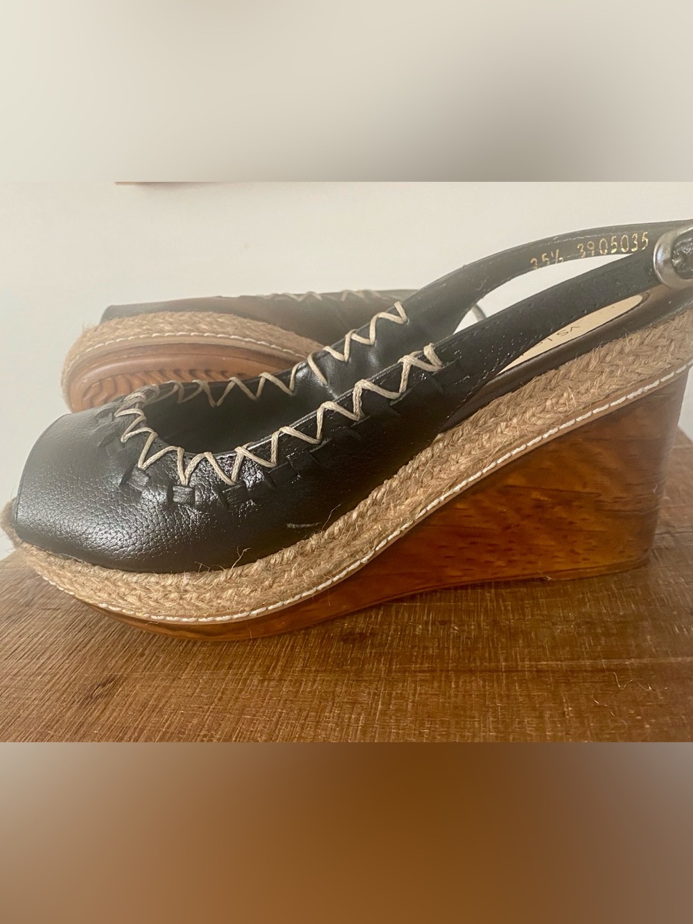 Black Leather Espadrille Wedge Slingback Sandals